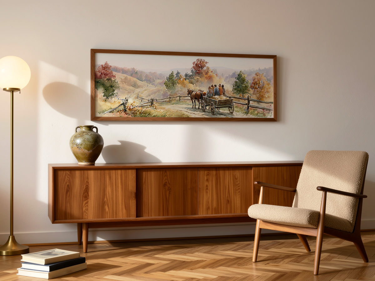 Autumn Watercolor Horse Drawn Wagon Panoramic Canvas Print, Rustic Country Road Lane Wall Art, Vintage Fall Scene, Countryside Decor