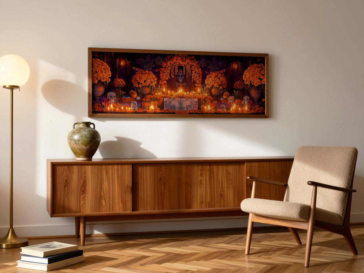 Day of the Dead Altar Panoramic Canvas Print, Dia de los Muertos Wall Art, Mexican Ofrenda Decor