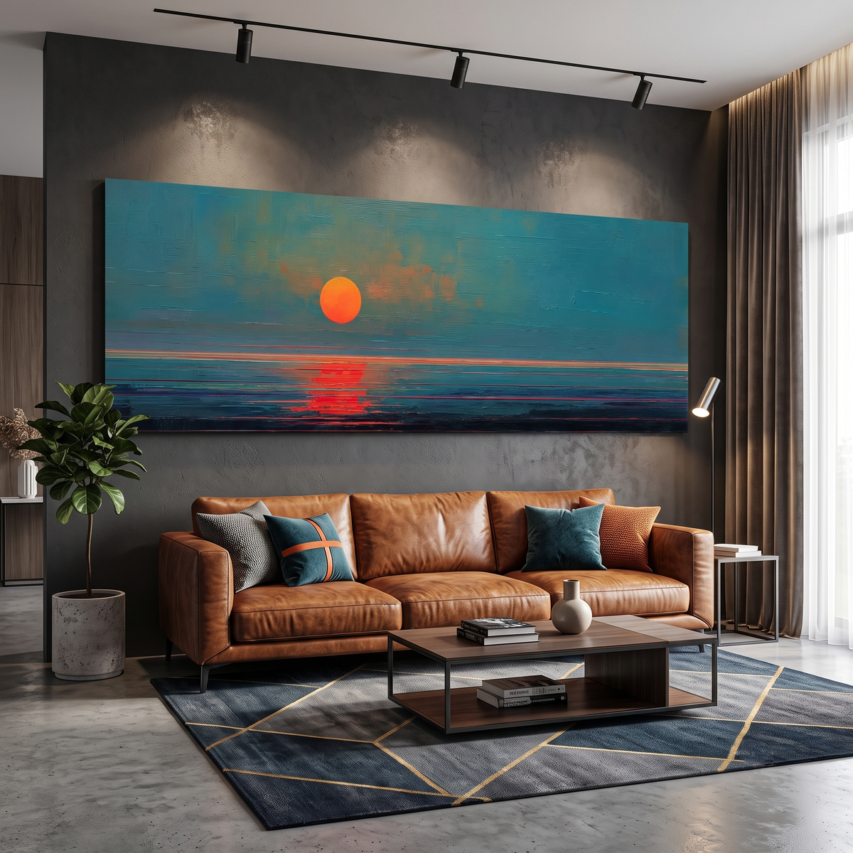 Modern Sunset Panoramic Canvas Print, Minimalist Coastal Wall Decor for Living Room