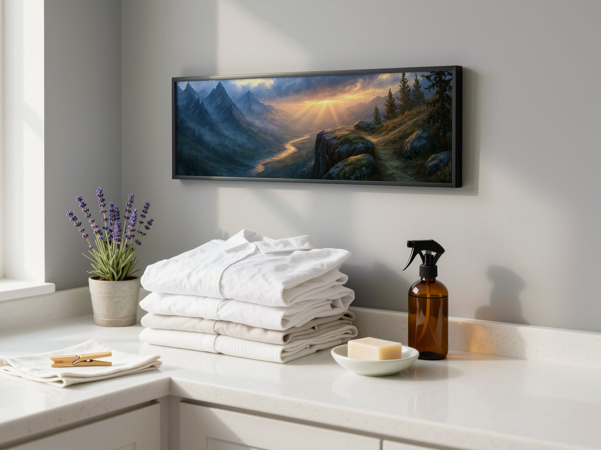 Alpine Mountain Valley Sunrise Panoramic Canvas Print, Golden Light Ray Landscape Wall Art, Rustic Living Room Canvas Decor