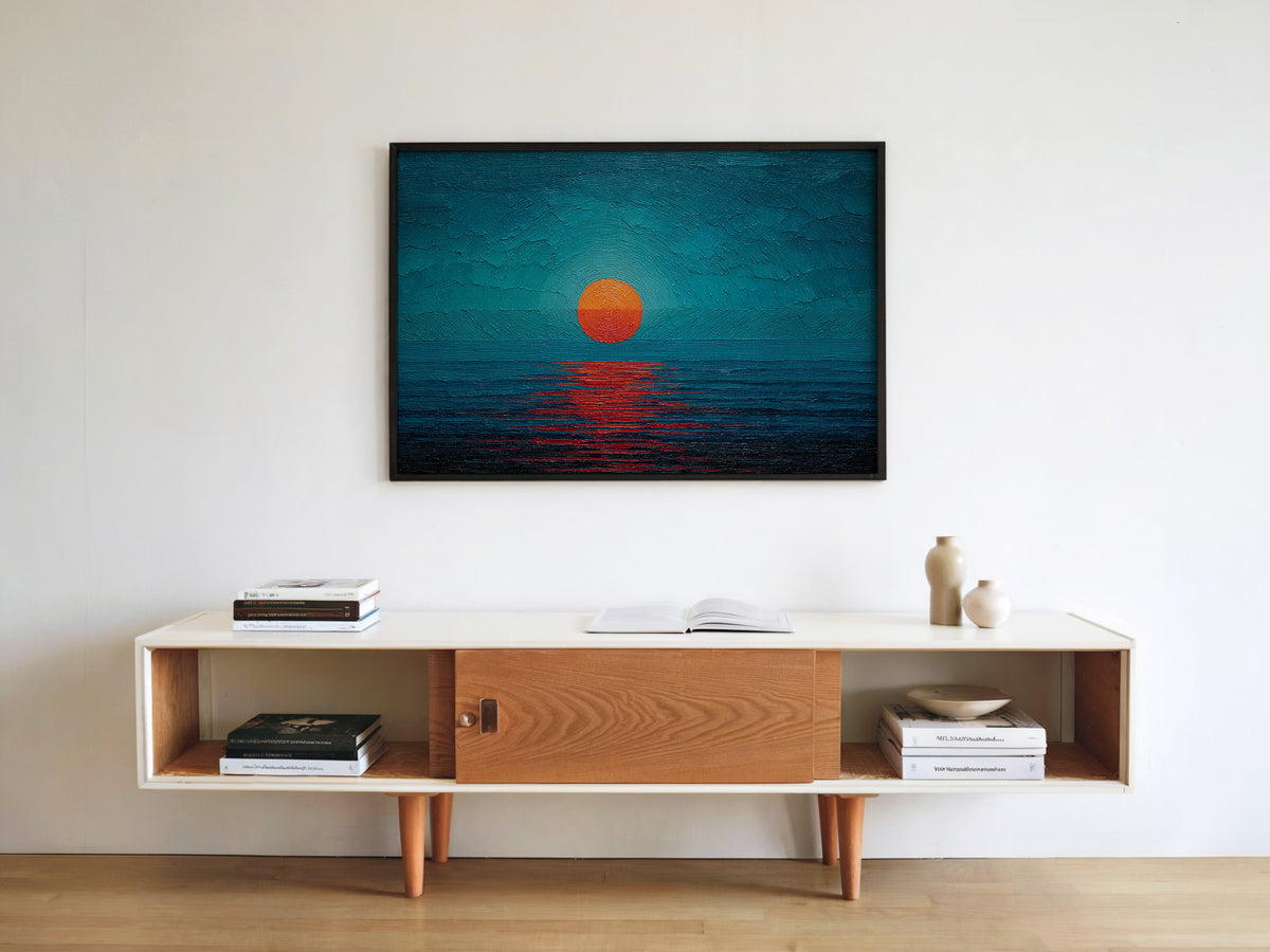 Minimalist Teal Orange Sun Seascape Canvas Print, Abstract Impasto Ocean Sunset Wall Art, Entryway Wall Decor