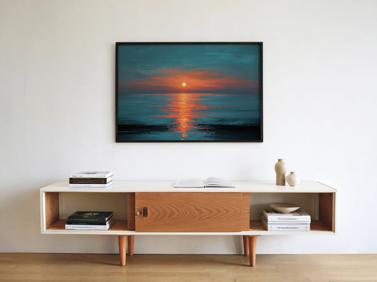 Dramatic Ocean Sunset Teal Orange Canvas Print, Glowing Sun Reflection Seascape Wall Art, Oil Painting Style, Extra Large Home Office Decor