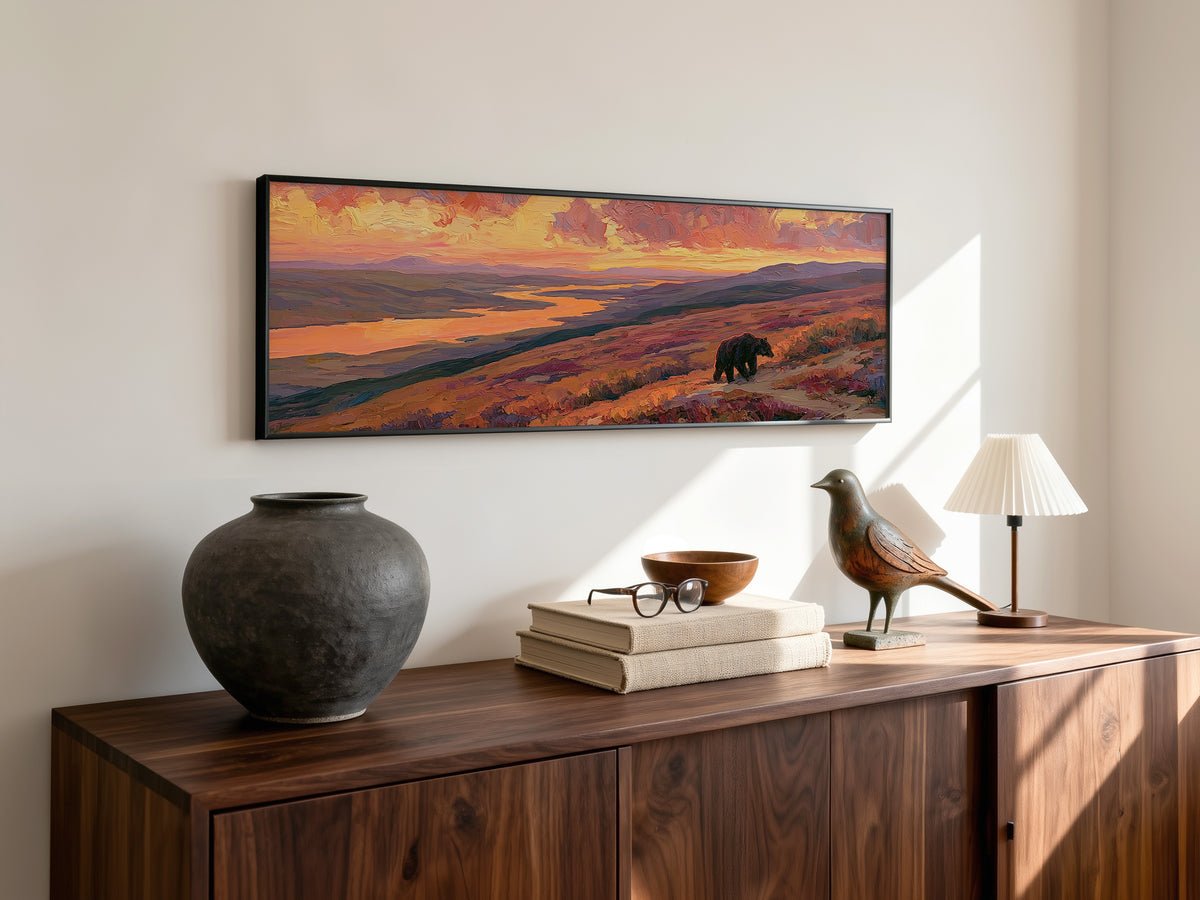 Grizzly Bear Autumn Landscape Panoramic Canvas Print, Orange Sunset Mountain Wall Art, Wildlife Rustic Home Decor