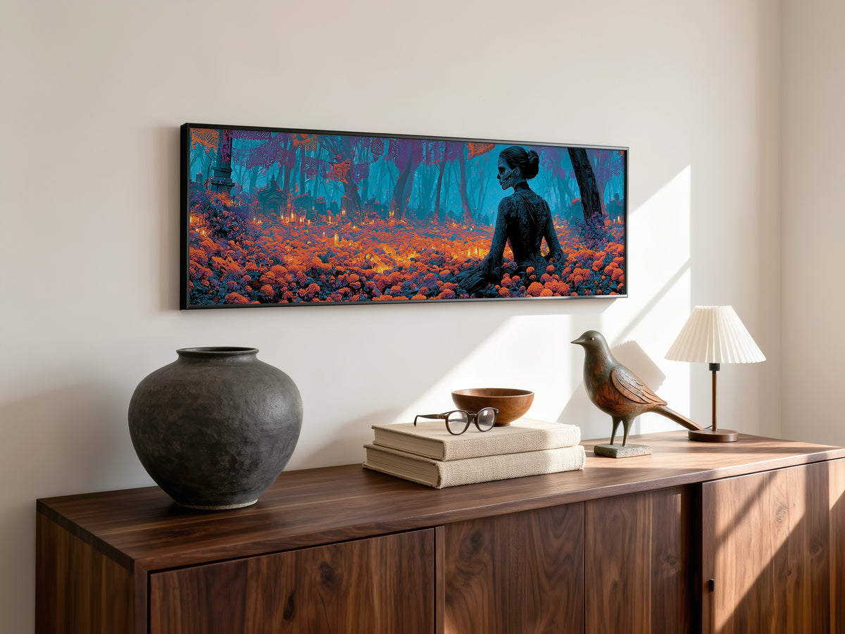 Sugar Skull Woman Marigold Forest Panoramic Canvas Print, Day of the Dead Blue Orange Wall Art, Macabre Room Decor