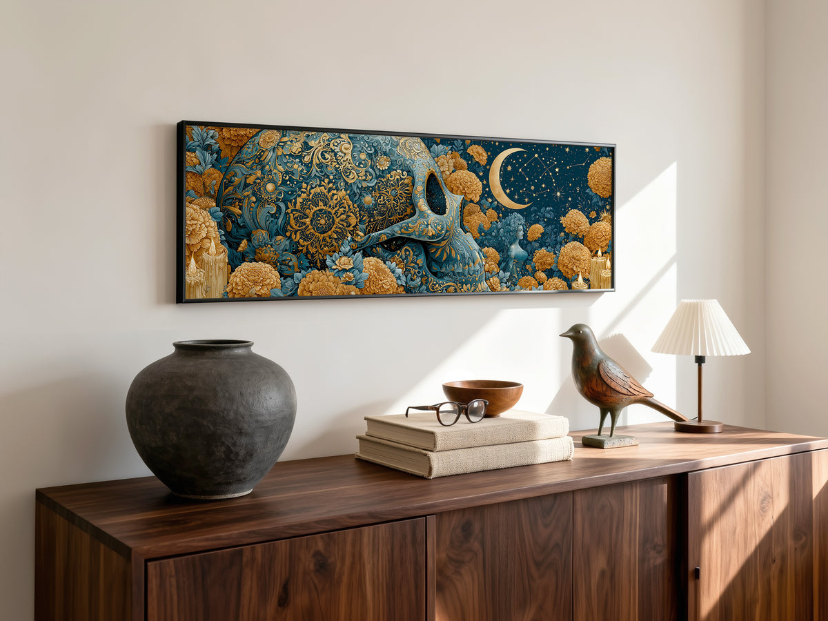 Sugar Skull Gold Teal Marigold Panoramic Canvas Print, Day of the Dead Celestial Wall Art, Horizontal Gothic Wall Decor