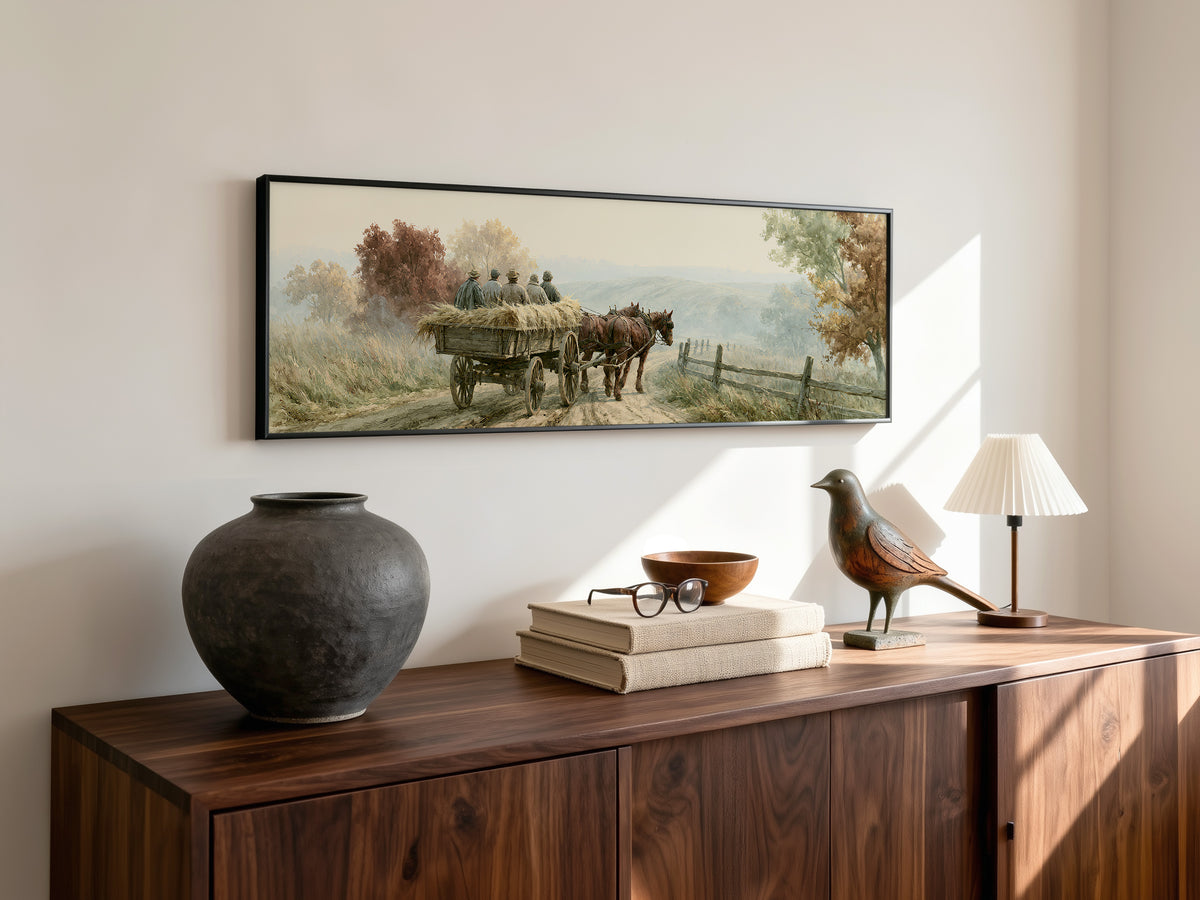 Vintage Horse Wagon Countryside Panoramic Canvas Print, Autumn Landscape Rustic Farmhouse Wall Art, Country Home Art Decor