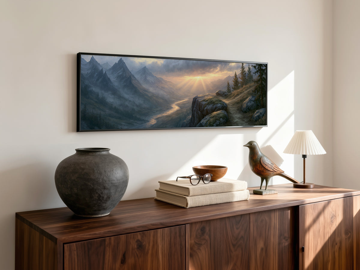 Alpine Mountain Valley Sunrise Panoramic Canvas Print, Golden Light Ray Landscape Wall Art, Rustic Living Room Canvas Decor