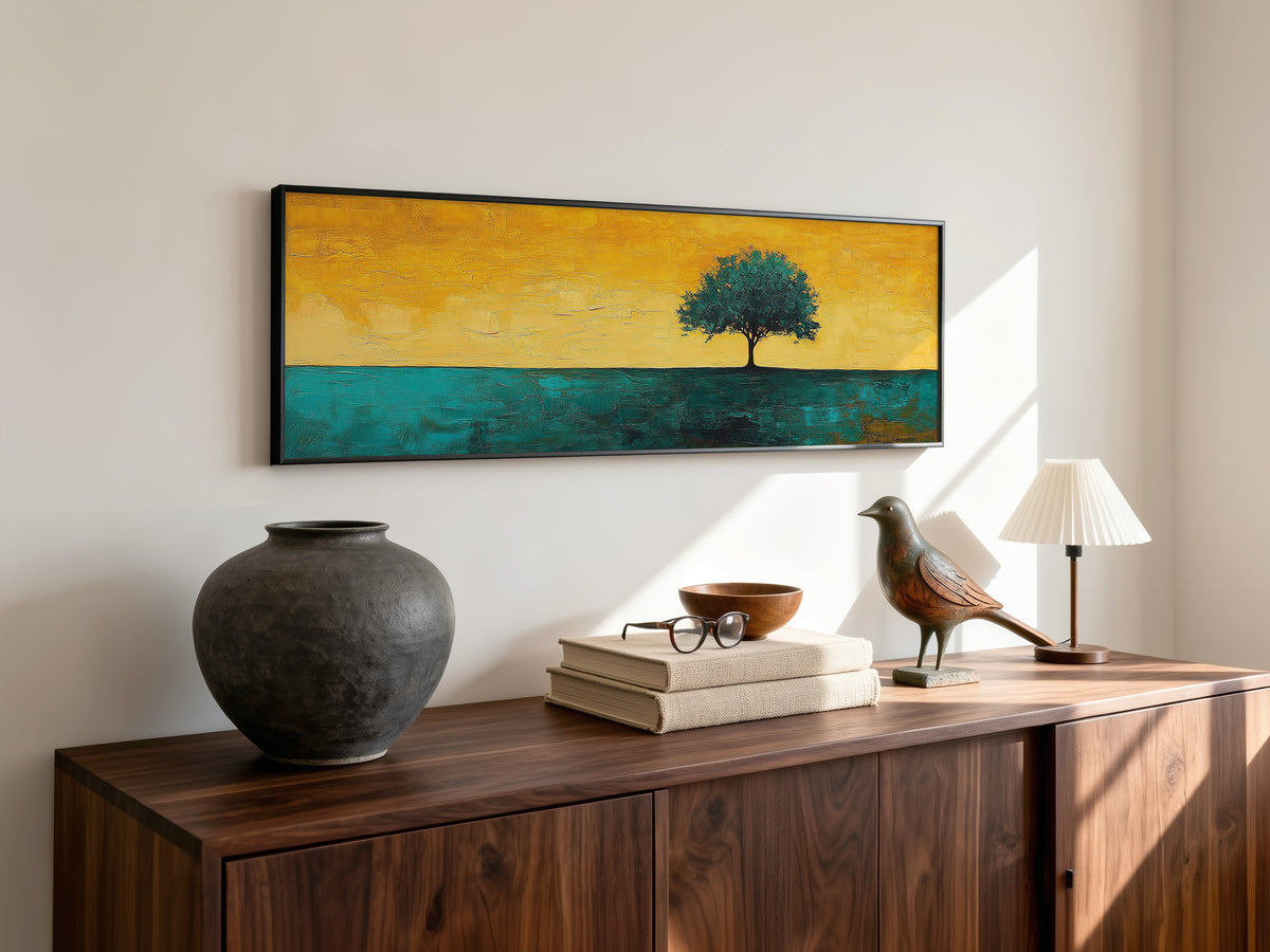 Minimalist Lone Tree Abstract Landscape Panoramic Canvas Print, Teal Yellow Gold Modern Nature Home Wall Art, Contemporary Decor