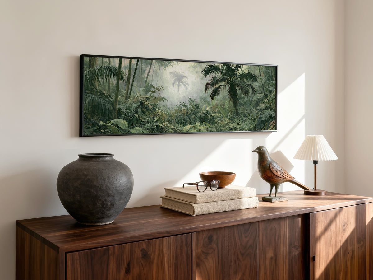 Misty Tropical Jungle Panoramic Canvas Print, Lush Green Rainforest Wall Art, Extra Large Biophilic Modern Home Decor