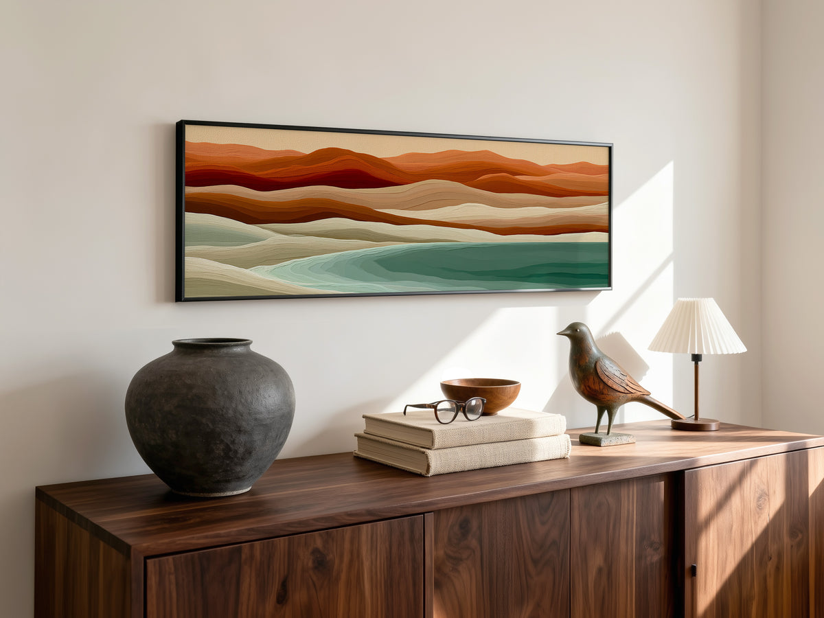 Terracotta Teal Abstract Landscape Panoramic Canvas Print, Earthy Wave Wall Art, Mid Century Minimalist Decor