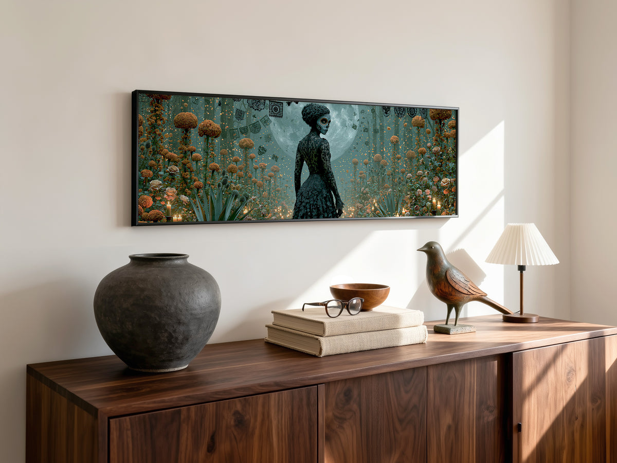 Day of the Dead Woman Moonlight Panoramic Canvas Print, Dia de Muertos Wall Art, Mexican Folk Art Decor