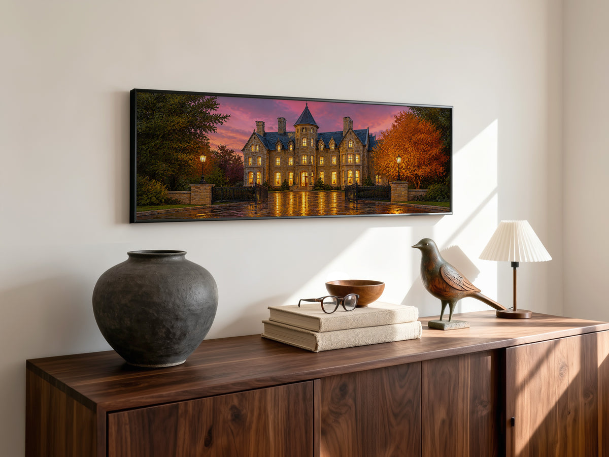 Haunted Mansion Autumn Night Panoramic Canvas Print, Victorian Gothic Castle Wall Art, Dark Academia Moody Pink Sky Decor
