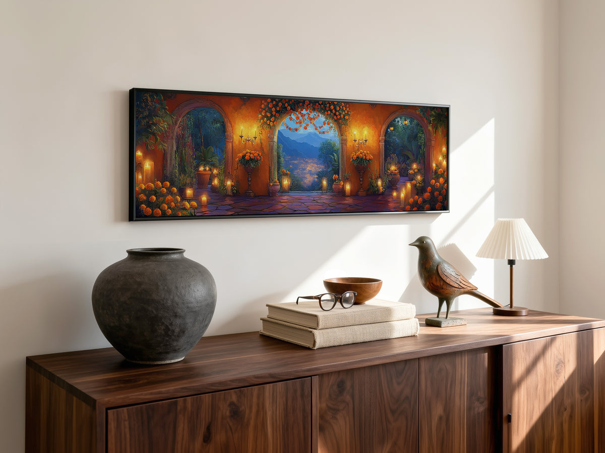 Mexican Courtyard Twilight Panoramic Canvas Print, Marigold Archway Sunset Landscape Wall Art