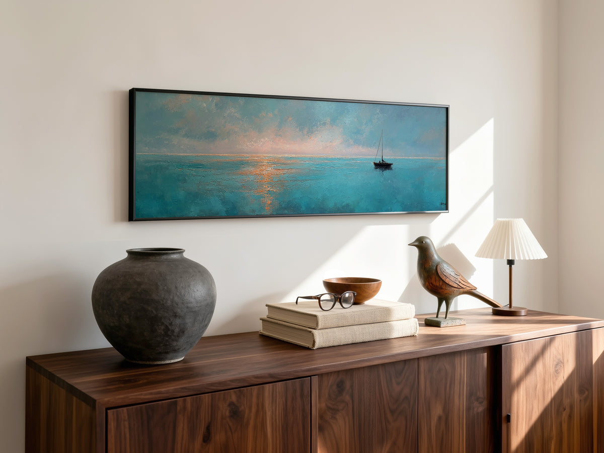 Minimalist Sailboat Ocean Sunset Panoramic Canvas Print, Peaceful Nautical Teal Seascape Wall Art, Coastal Modern Living Room Decor