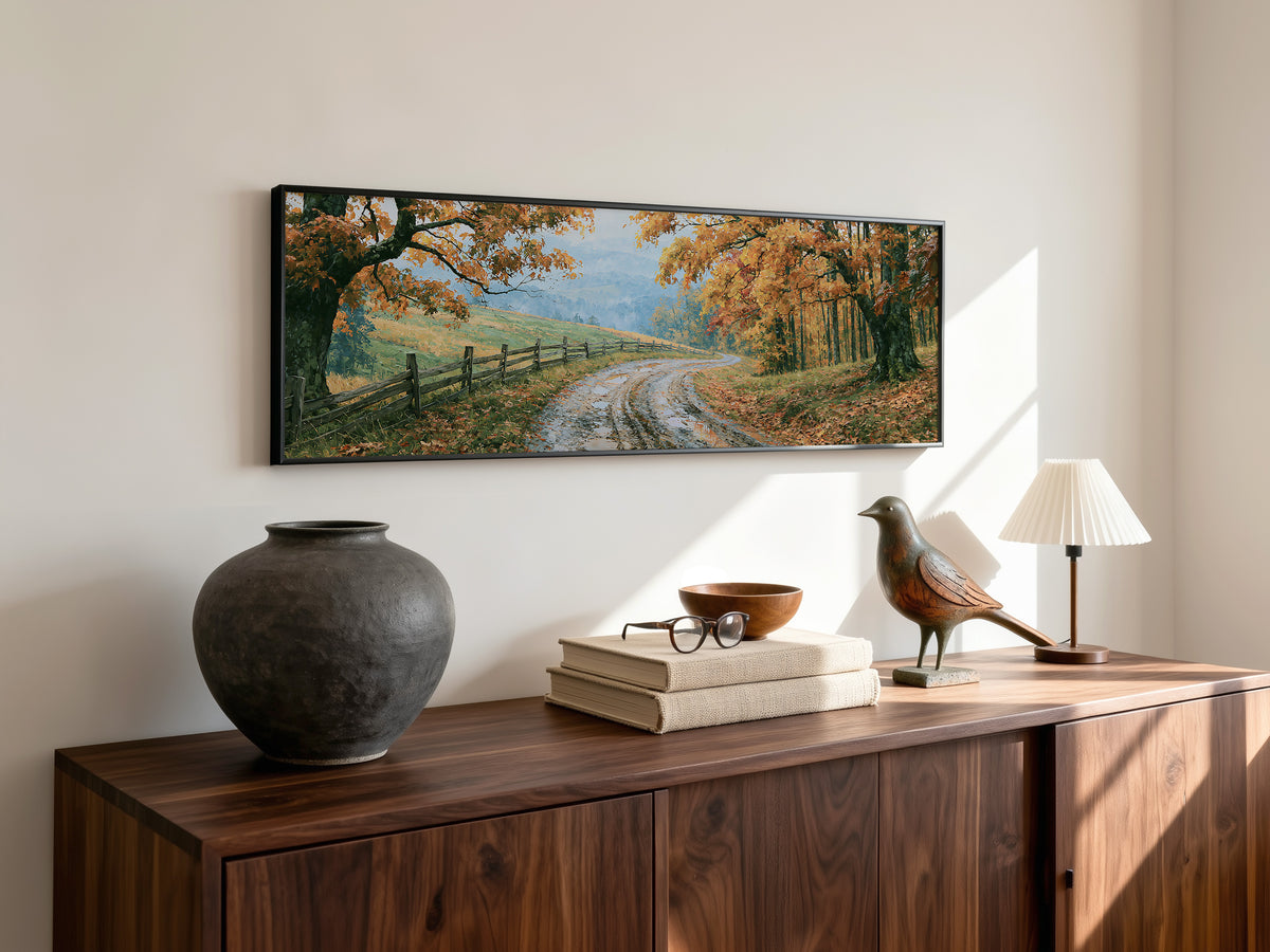 Autumn Country Road Fence Panoramic Canvas Print, Fall Orange Foliage Landscape Wall Art, Large Horizontal Over Bed Art