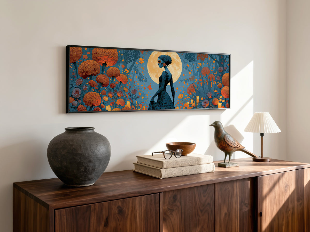 Day of the Dead Woman Marigold Moon Panoramic Canvas Print, Dia de Muertos Teal Wall Art, Moody Halloween Decor