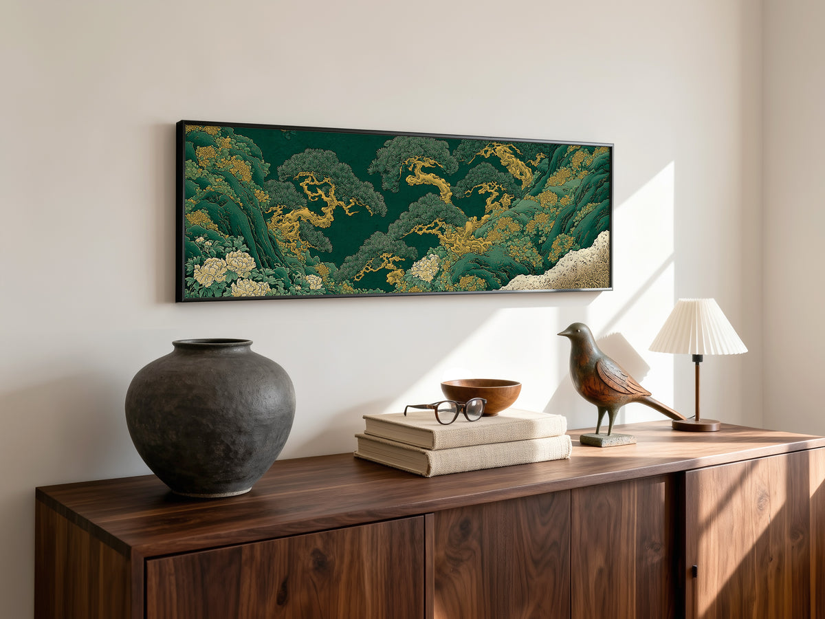 Japanese Pine Tree Panoramic Canvas Print, Emerald Green and Gold Landscape Wall Art