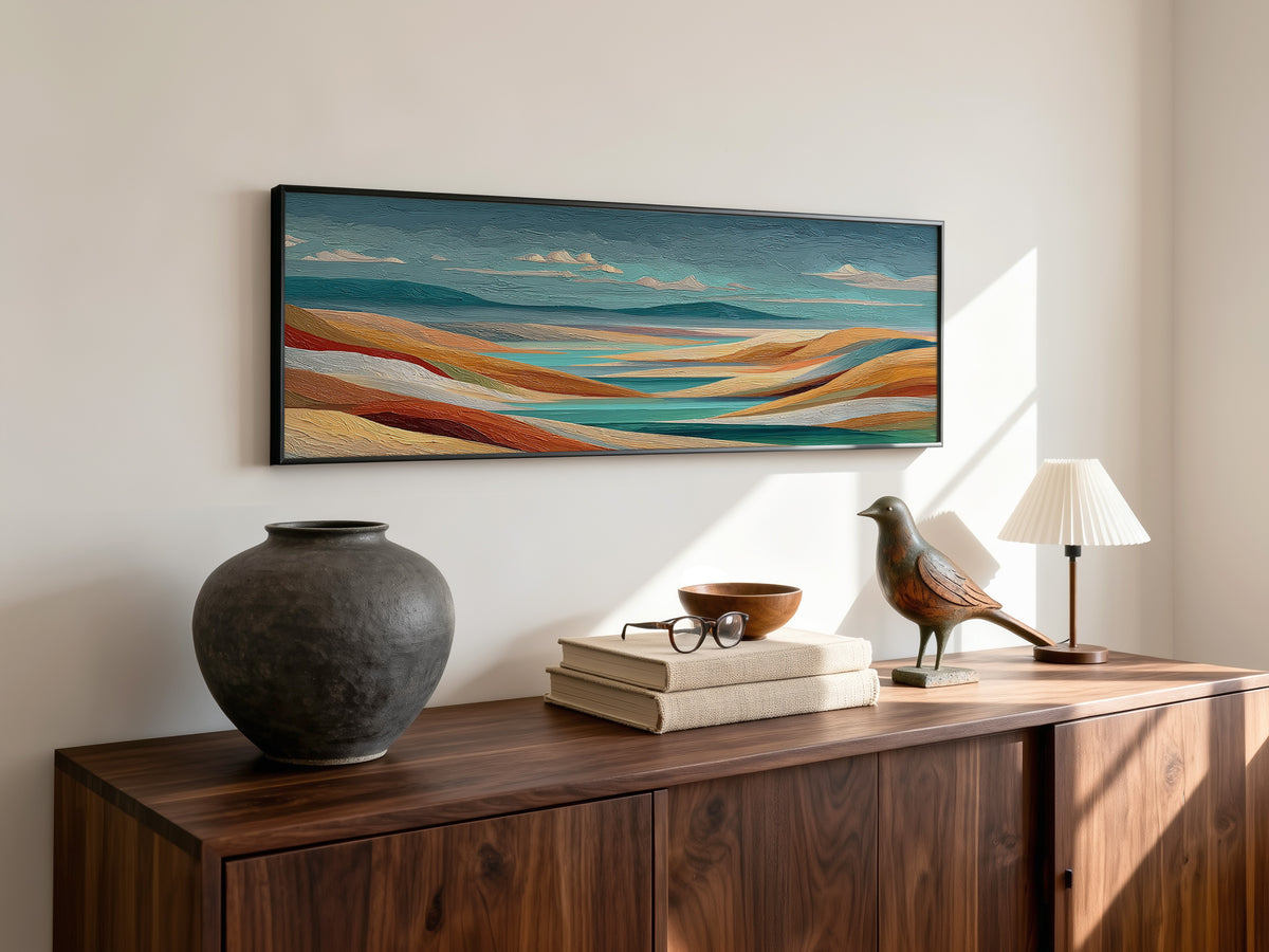 Colorful Abstract Rolling Hills Panoramic Canvas Print, Teal Orange Terracotta Landscape Wall Art, Horizontal Over The Sofa Art