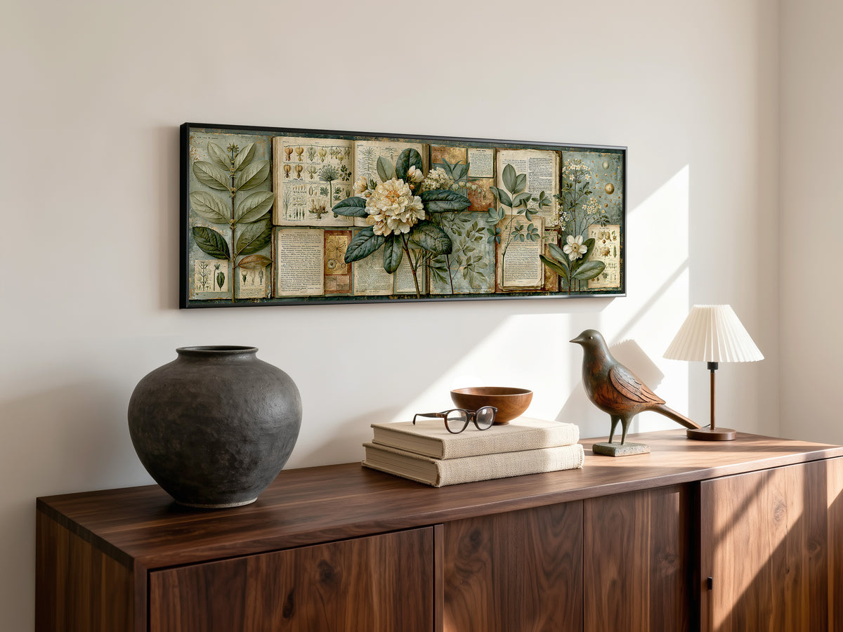 Vintage Botanical Book Page Panoramic Canvas Print, Academic Cottagecore Antique Floral Collage Wall Art, Dark Academia Library Decor