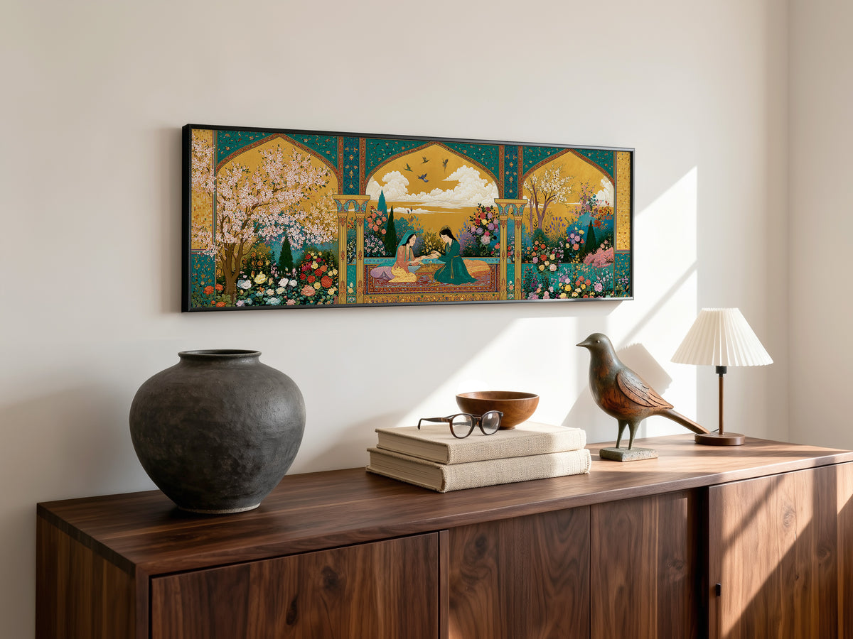 Persian Garden Women Tea Ceremony Panoramic Canvas Print, Islamic Miniature Gold Floral Wall Art, Exotic Middle Eastern Decor