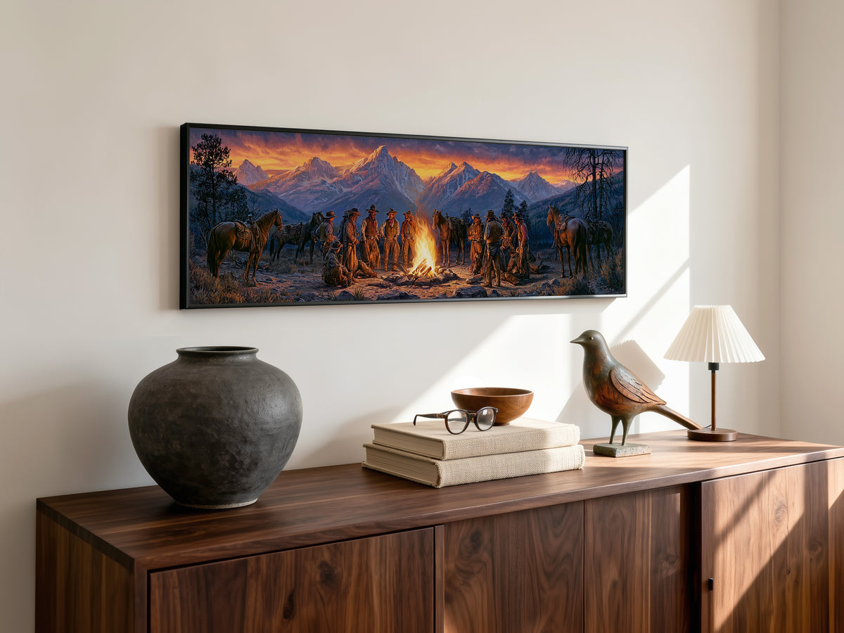 Cowboy Campfire Mountain Sunset Panoramic Canvas Print, Western Cowboys and Horses Wall Art, Extra Large Rustic Lodge Decor