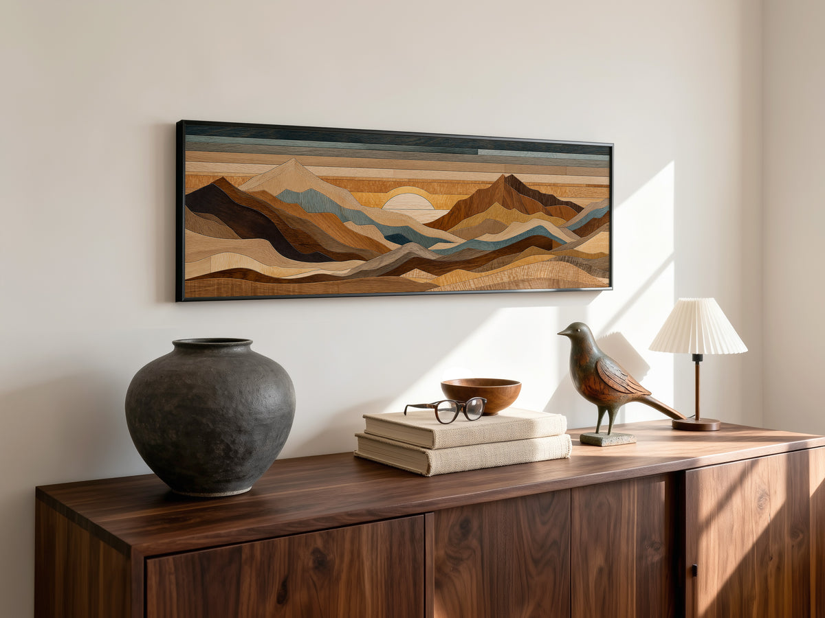 Wood Inlay Mountain Landscape Panoramic Canvas Print, Earthy Brown Blue Geometric Wall Art, Rustic Cabin Decor