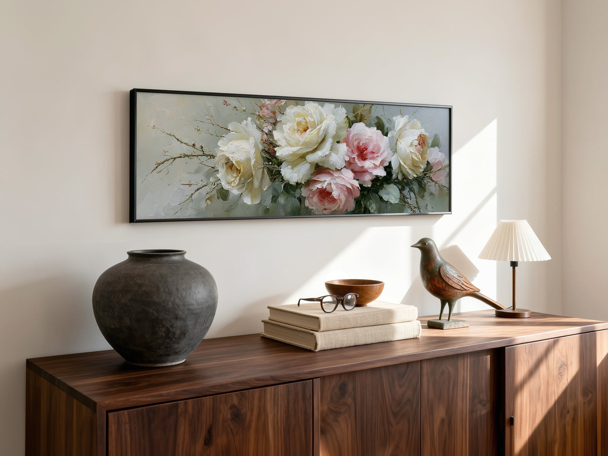 Elegant Peony Rose Bouquet Panoramic Canvas Print, Soft Pink White Floral Wall Art, Romantic Elegant Home Decor