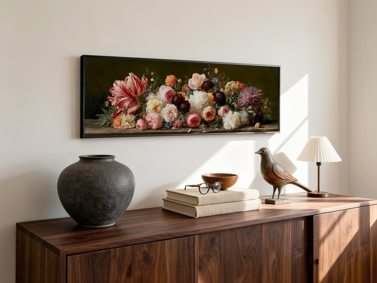 Dutch Golden Age Floral Still Life Panoramic Canvas Print, Vintage Botanical Flowers Wall Art, Dark Academia Living Room Decor