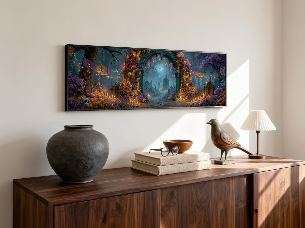 Dia de Muertos Cemetery Arch Marigold Panoramic Canvas Print, Day of the Dead Purple Moon Wall Art, Celestial Moonlit Graveyard Decor