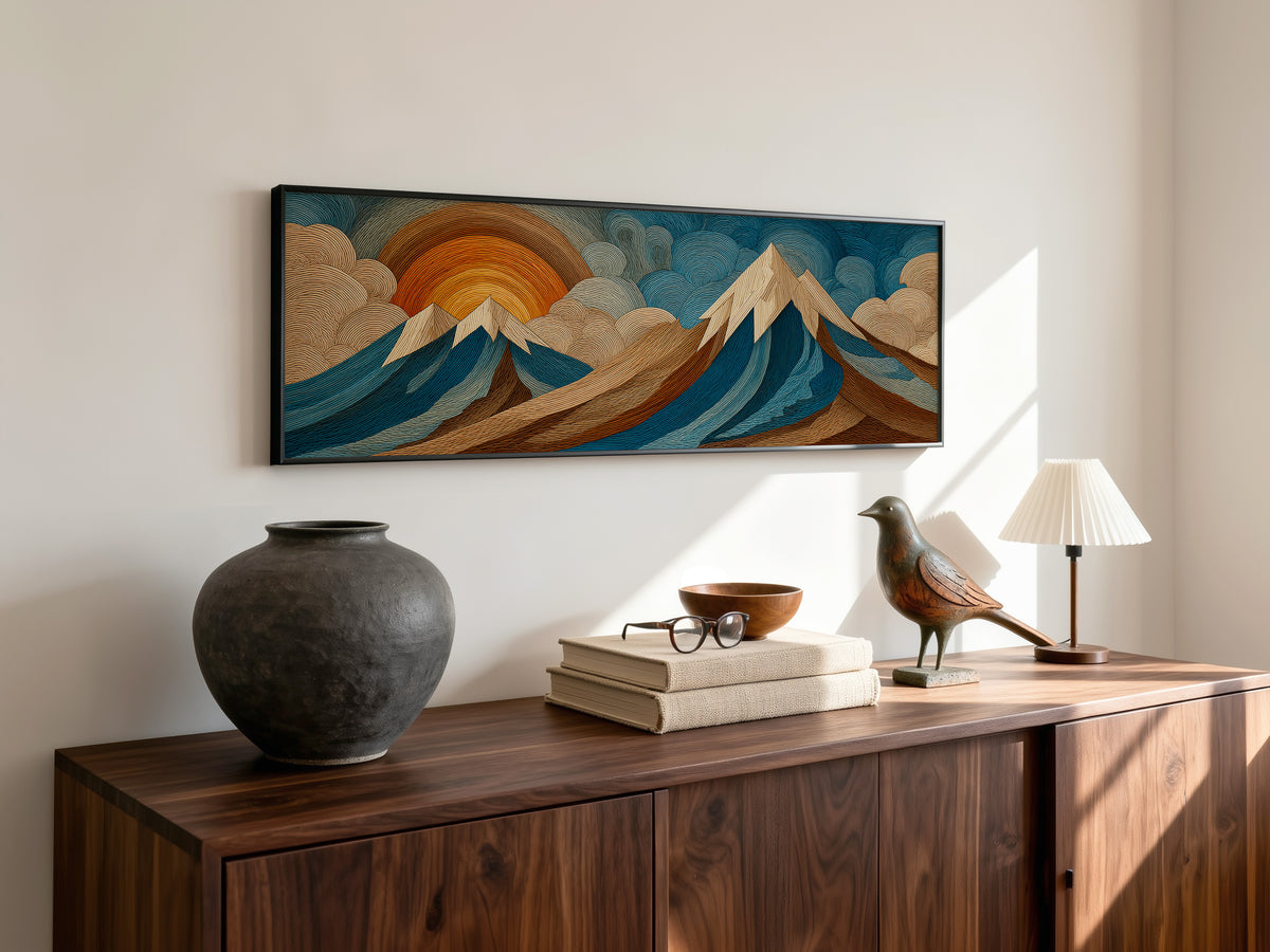 Boho Layered Mountain and Sunrise Panoramic Canvas Print, Wood Engraving Style Teal Orange Wall Art, Modern Above Sofa Art Decor