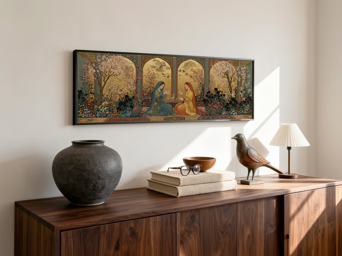 Persian Miniature Garden Panoramic Canvas Print, Islamic Floral Women Wall Art, Exotic Middle Eastern Decor