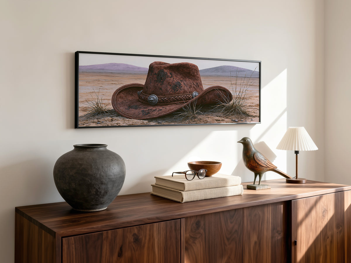 Vintage Cowboy Hat and Desert Landscape Panoramic Canvas Print, Southwest Western Wall Art, Country Living Room Decor