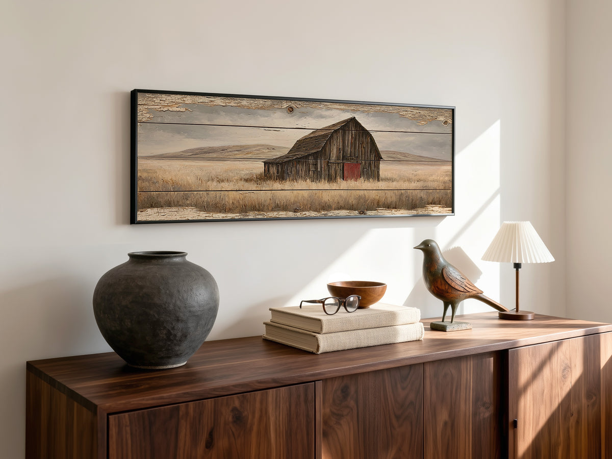 Rustic Barn Wood Plank Panoramic Canvas Print, Vintage Prairie Farmhouse Wall Art, Panorama Barnwood Sign, Farmhouse Country Decor