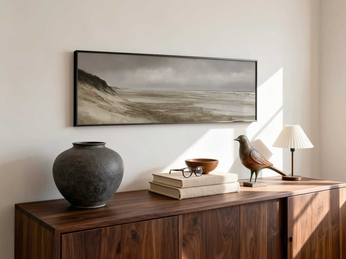 Moody Coastal Beach Panoramic Canvas Print, Gray Stormy Seascape Wall Art
