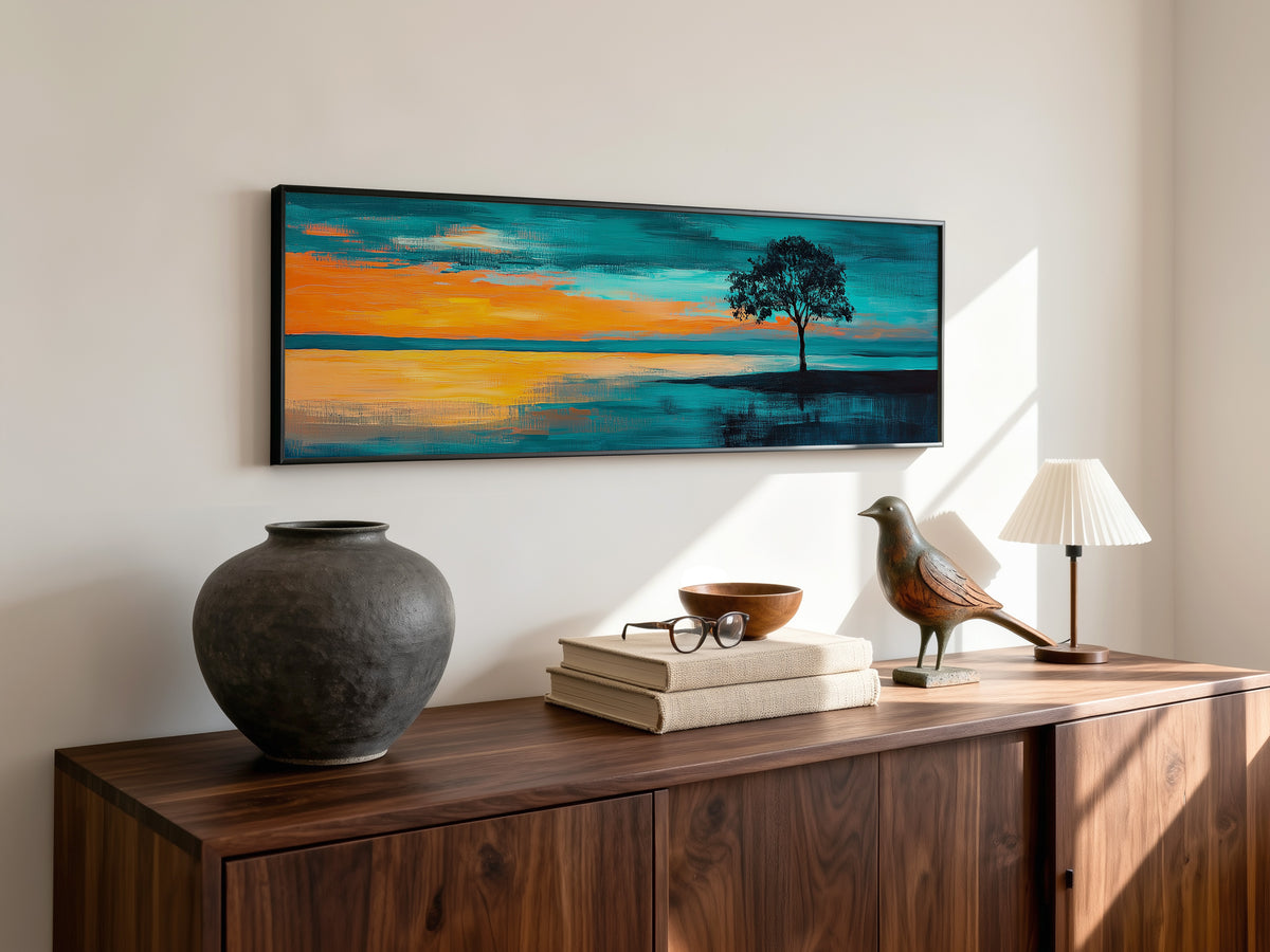 Dramatic Lone Tree Teal Orange Sky Panoramic Canvas Print, Abstract Sunset Landscape Wall Art, Silhouette Oversized Horizon Art Decor