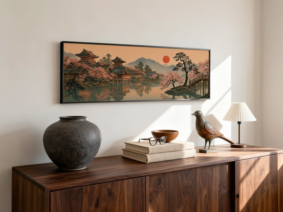 Japanese Garden Temple Panoramic Canvas Print, Cherry Blossom Red Sun Wall Art
