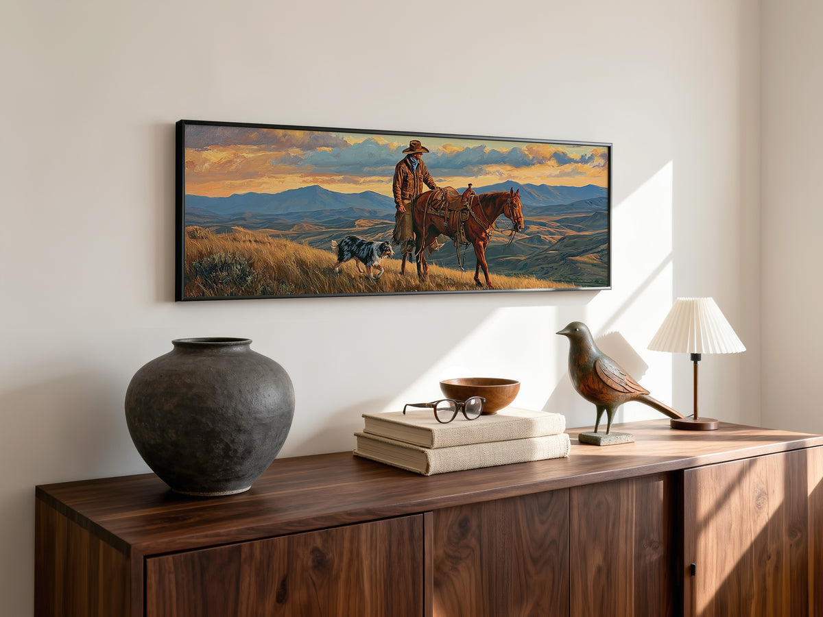 Western Cowboy Horse Dog Sunset Panoramic Canvas Print, Mountain Ranch Panoramic Wall Art, Rustic Country Ranch Decor