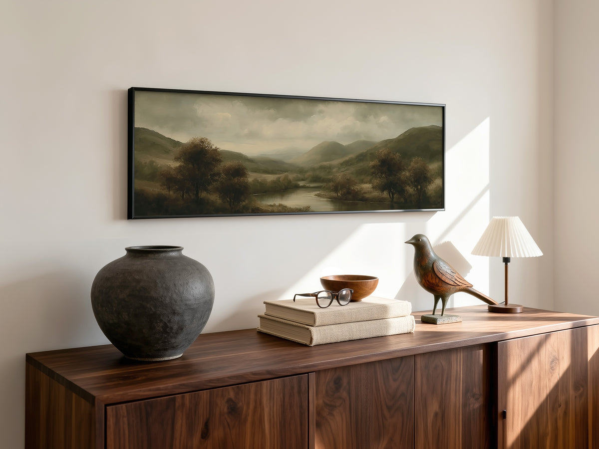 Moody Dark Green Valley Landscape Panoramic Canvas Print, Olive Rolling Hills Wall Art