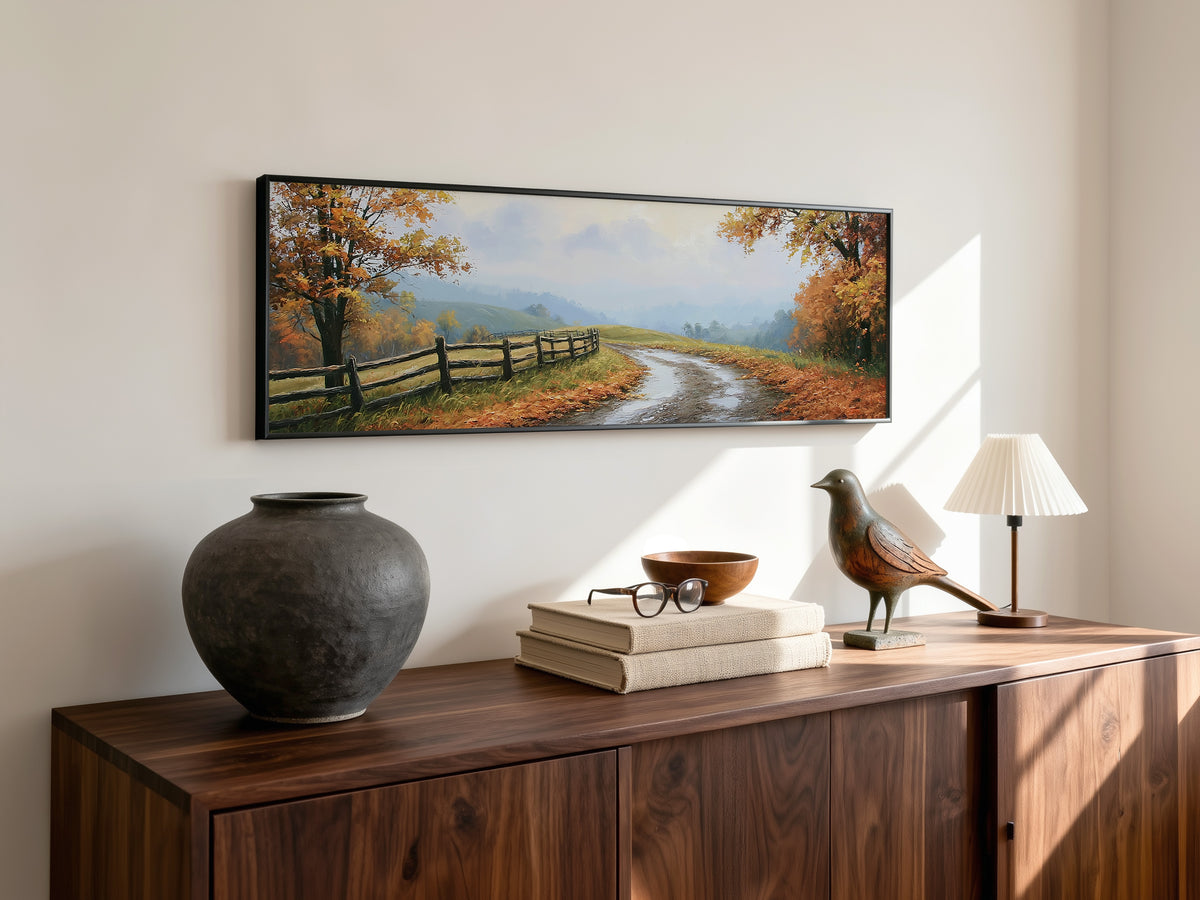 Orange Fall Foliage Country Road Panoramic Canvas Print, Rustic Fence Lane Wall Art, Cabin Wall Decor