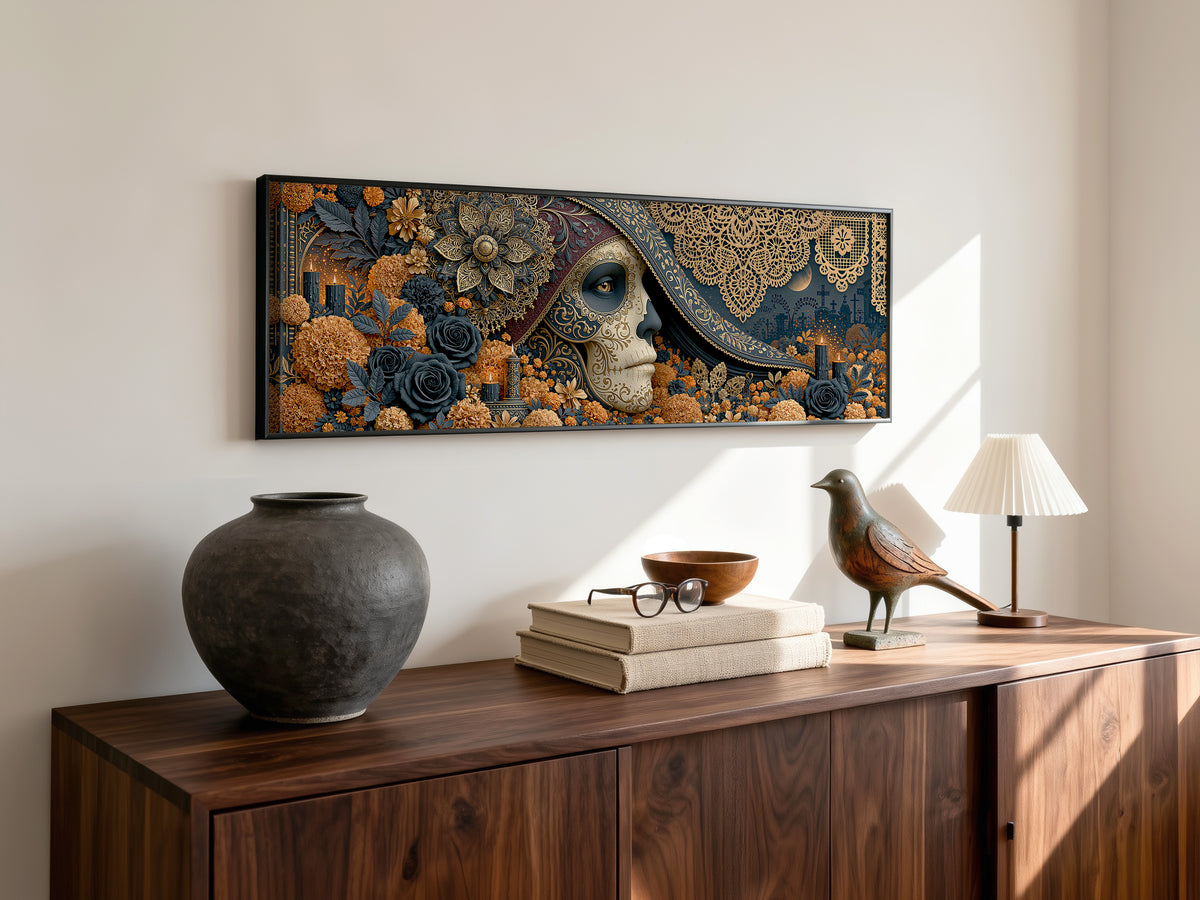 Gold Navy Sugar Skull Woman Marigold Panoramic Canvas Print, Luxury Day of the Dead Lace Wall Art, Gothic Floral Decor