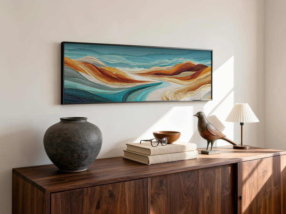 Sculptural Desert Wave Panoramic Canvas Print, Teal Orange Abstract Wall Art, Minimalist Nature Office Art Decor