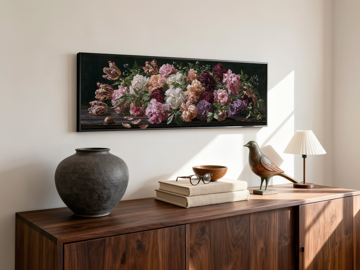 Dark Floral Panoramic Canvas Print, Peony & Tulip Botanical Wall Art, Extra Large Horizontal Decor