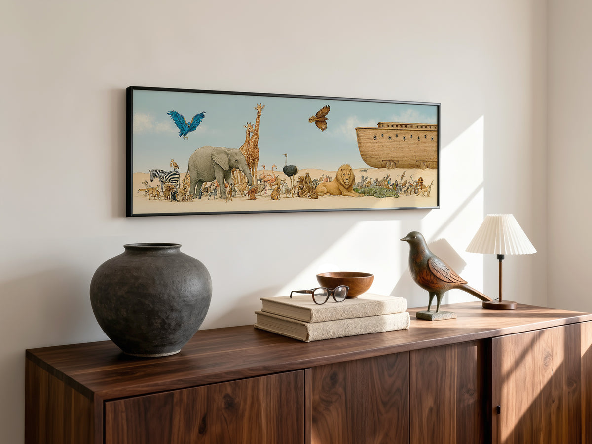 Whimsical Noah's Ark Wildlife Panoramic Canvas Print, Biblical Wildlife Wall Art, Extra Large Kids Nursery Decor