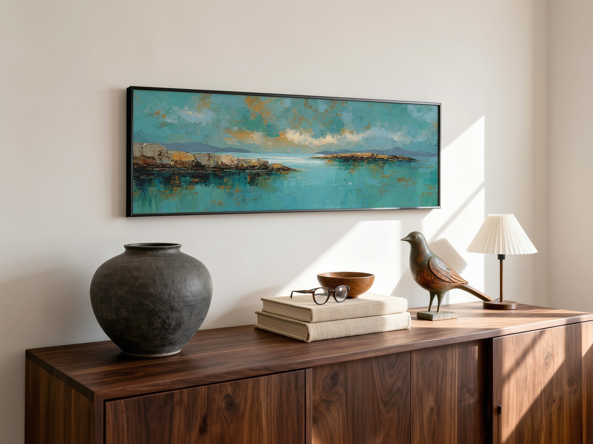 Abstract Coastal Teal Gold Panoramic Canvas Print, Impasto Ocean Sky Seascape Wall Art, Oversized Horizontal Decor