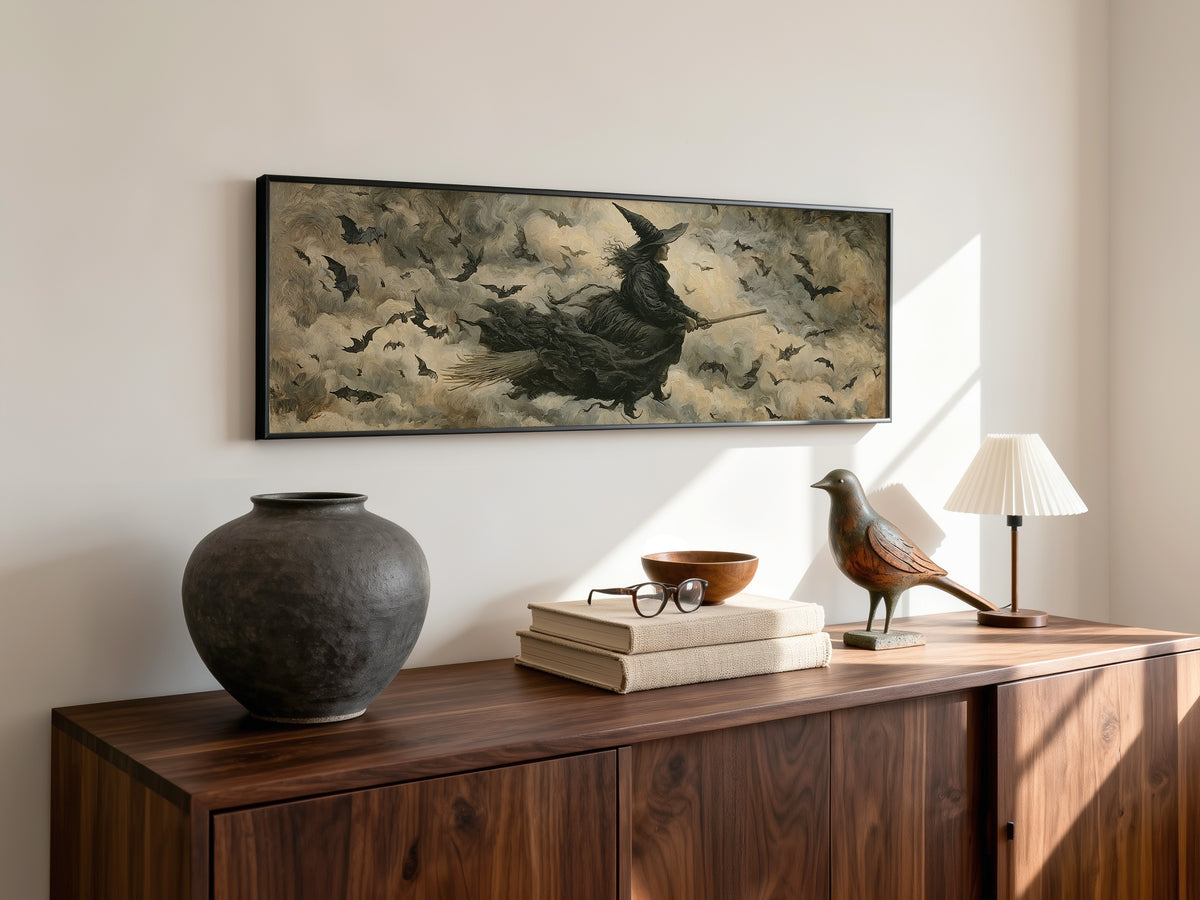 Flying Witch Broomstick Panoramic Canvas Print, Dark Bats Night Sky Wall Art