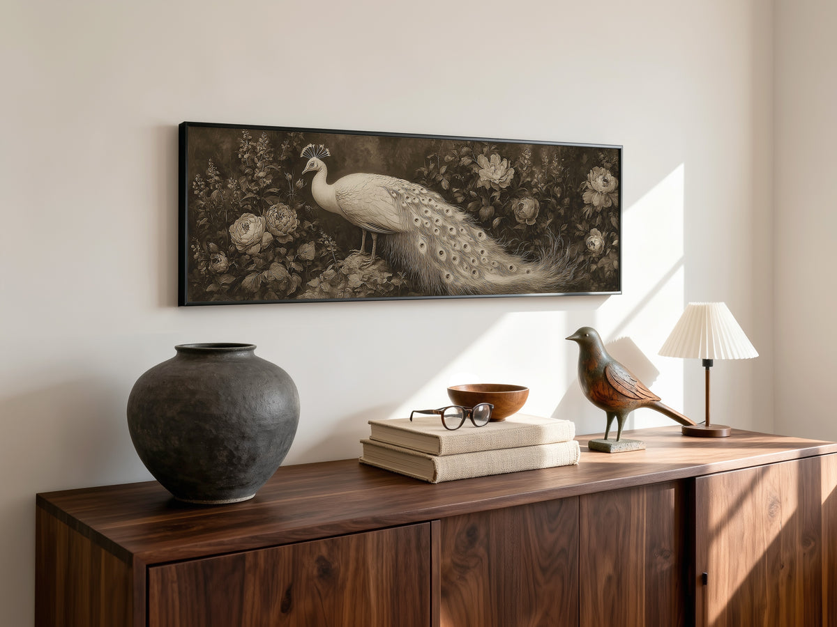 White Peacock Botanical Panoramic Canvas Print, Vintage Sepia Floral Bird Wall Art