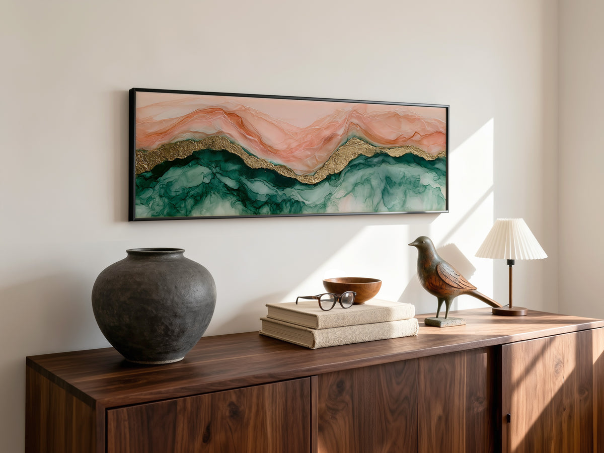 Blush Pink Gold Marble Fluid Panoramic Canvas Print, Abstract Alcohol Ink Emerald Green Mountain Wall Art, Luxury Wall Decor