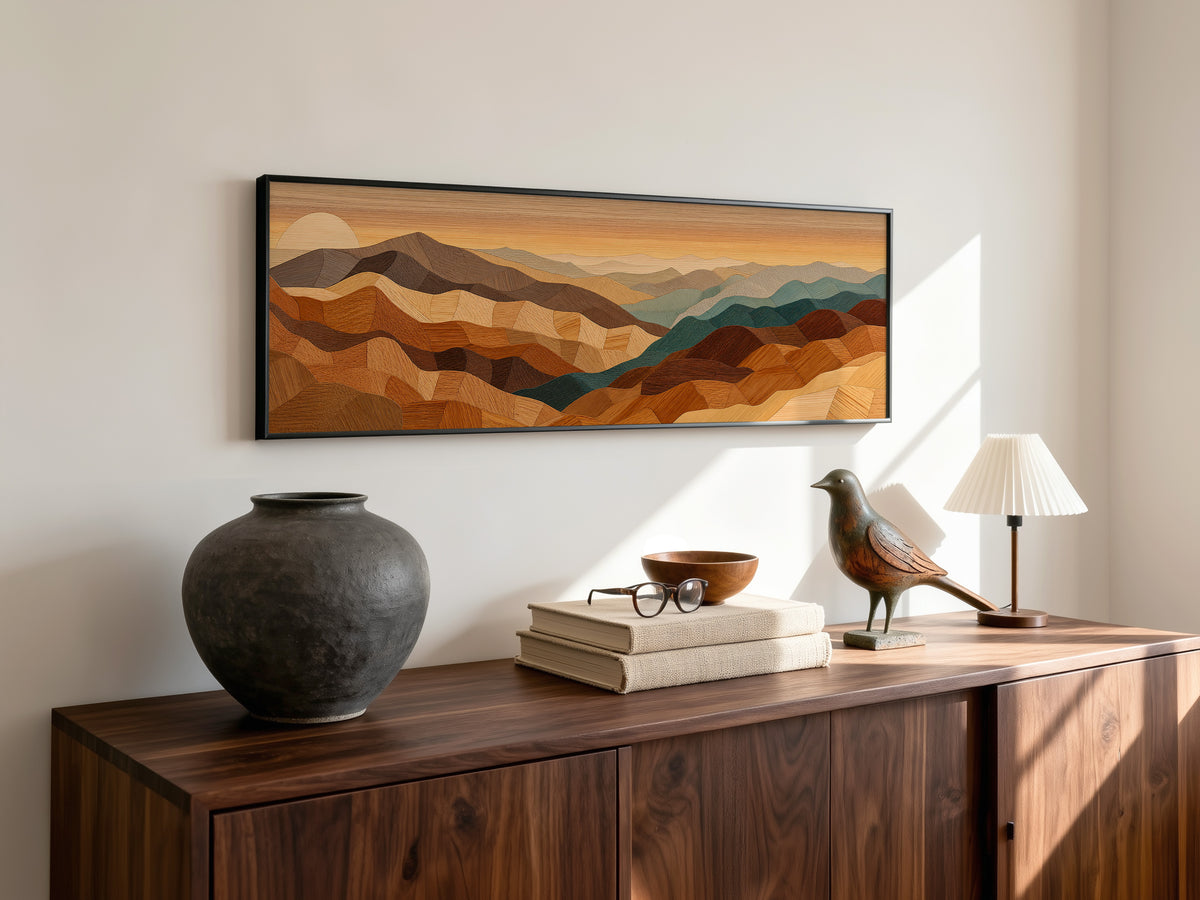Wood Mosaic Desert Mountain Landscape Panoramic Canvas Print, Earthy Terracotta Teal Geometric Desert Wall Art, Over Bed Room Decor