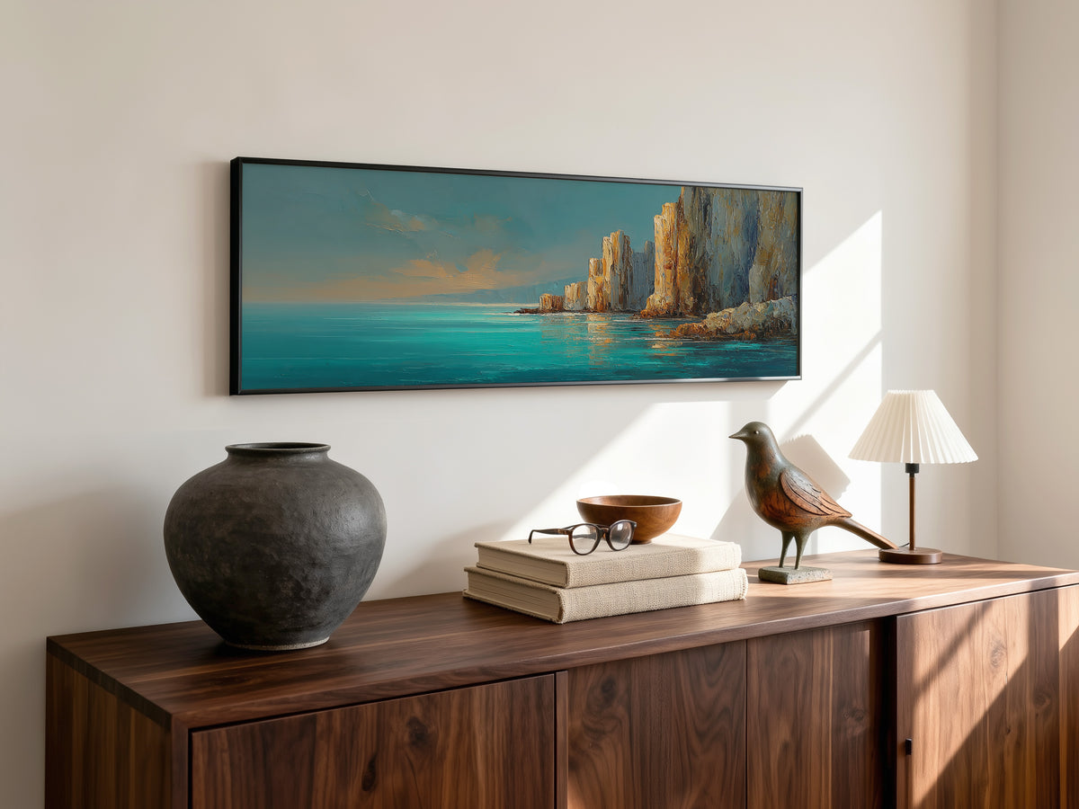Mediterranean Turquoise Ocean Cliff Panoramic Canvas Print, Teal Gold Coastal Seascape Wall Art, Golden Rock Coastal Decor