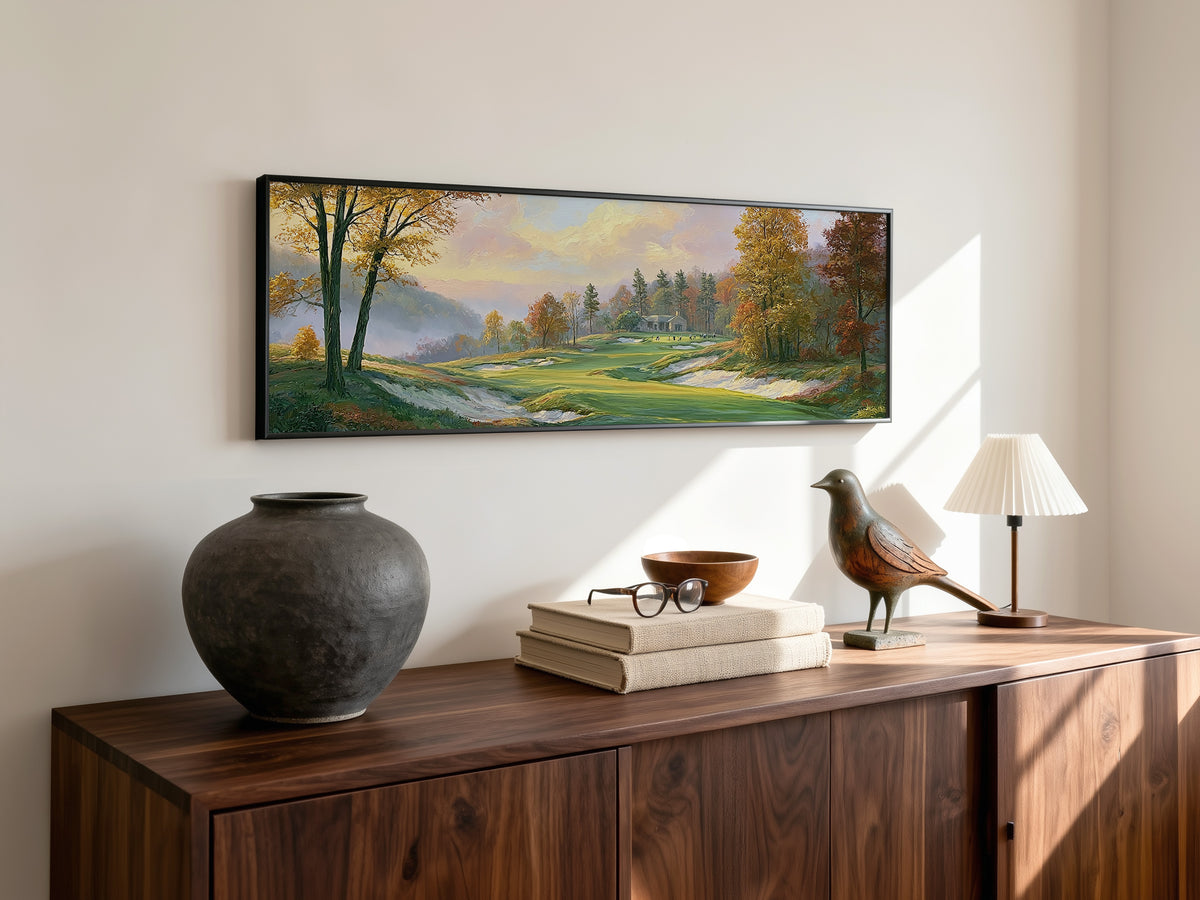 Golf Course Autumn Landscape Panoramic Canvas Print, Green Fairway Fall Foliage Wall Art, Golf Lover Home Decor